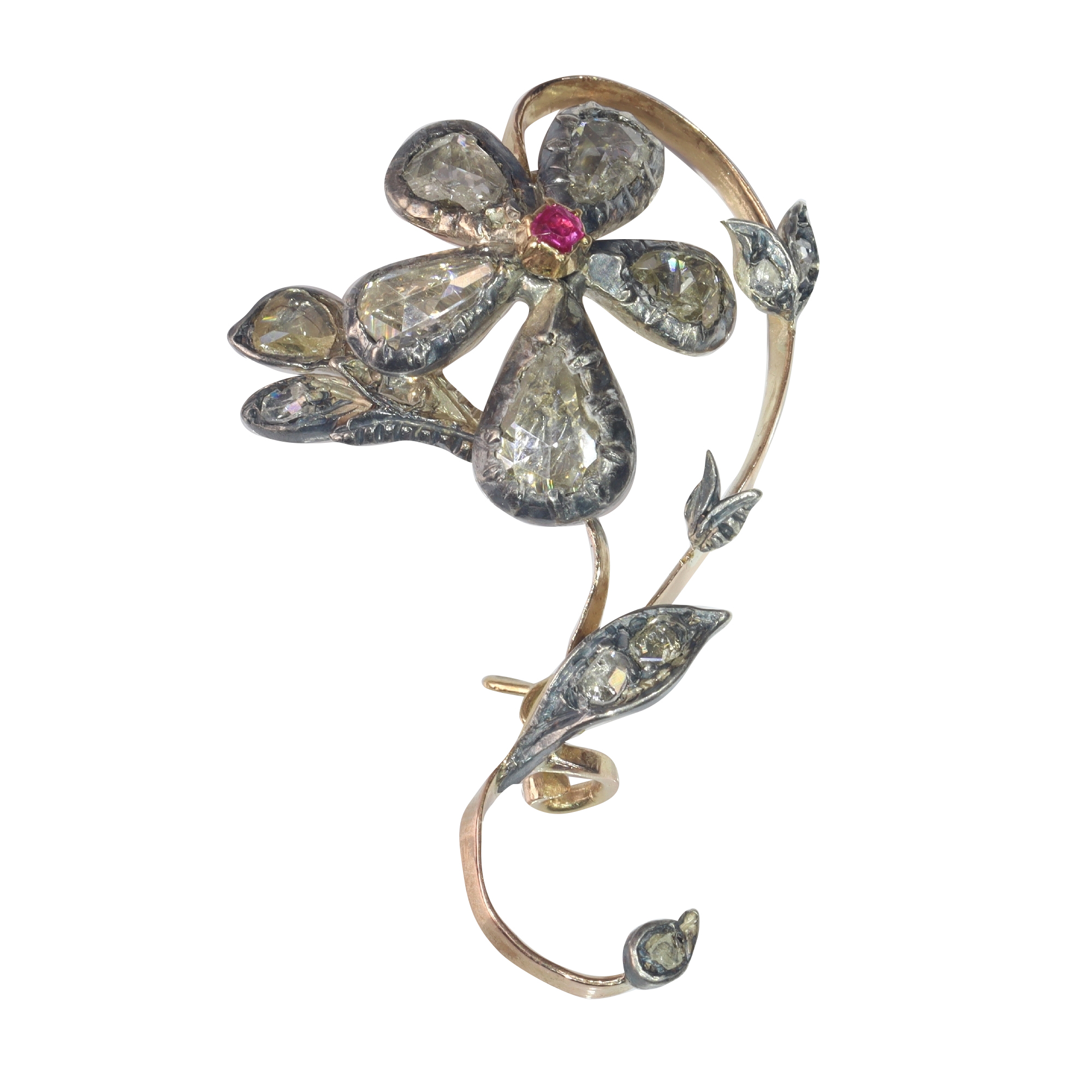 Blossoming Beauty: The Victorian Flower Branch Brooch in Red Gold and Silver